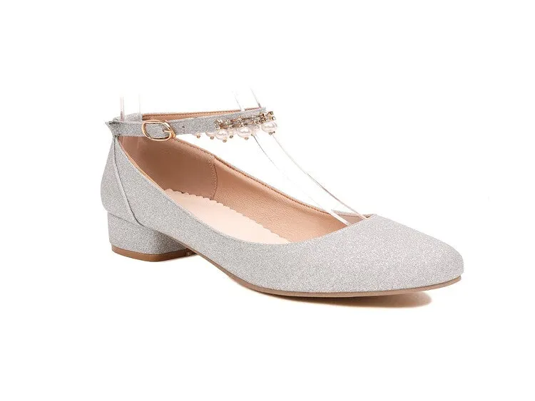 Women's Pumps Bling Bling Round Toe Pearls Ankle Strap Block Heel Shoes