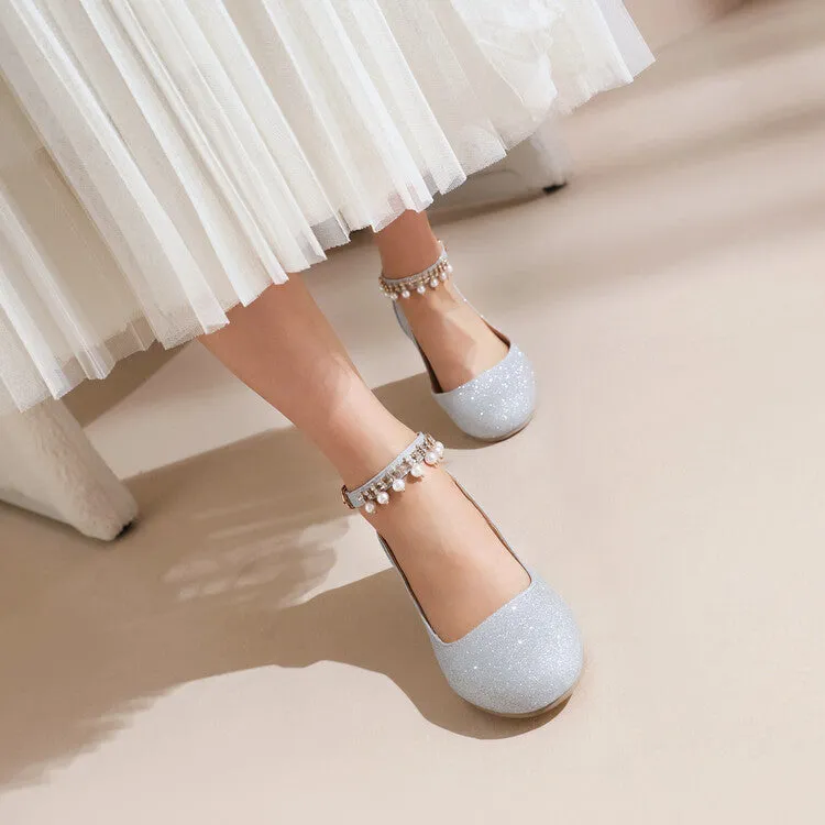 Women's Pumps Bling Bling Round Toe Pearls Ankle Strap Block Heel Shoes
