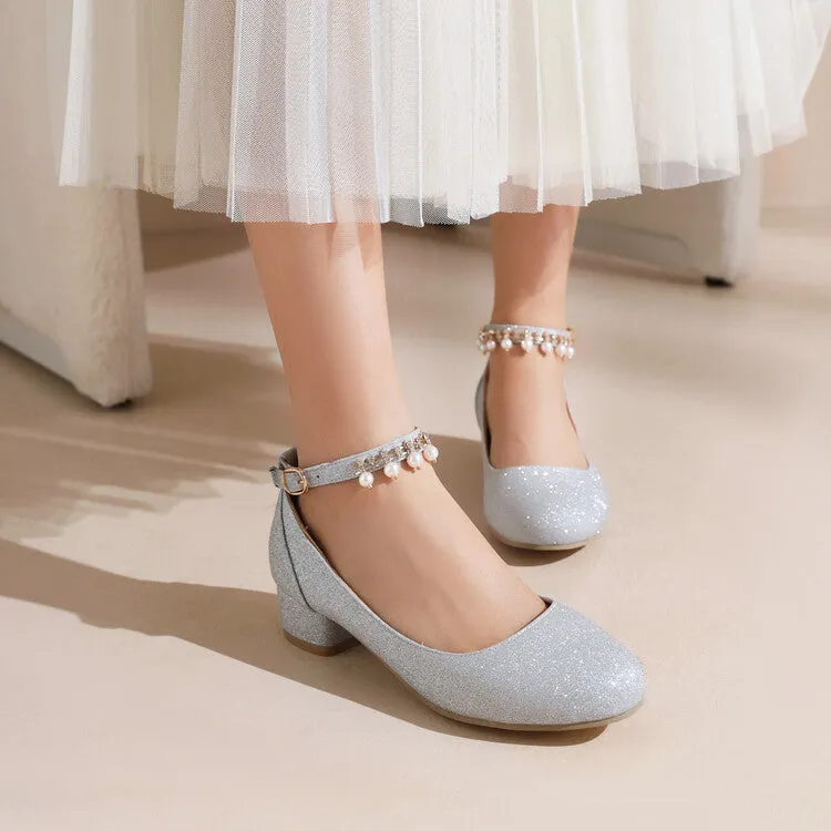 Women's Pumps Bling Bling Round Toe Pearls Ankle Strap Block Heel Shoes