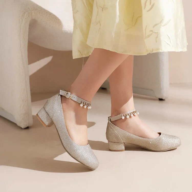 Women's Pumps Bling Bling Round Toe Pearls Ankle Strap Block Heel Shoes