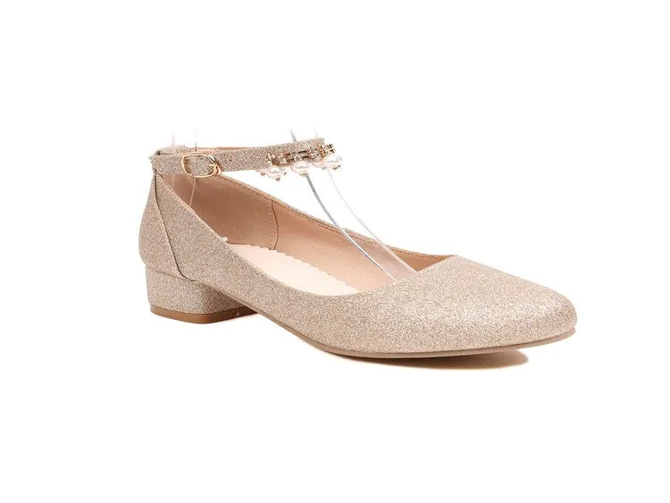 Women's Pumps Bling Bling Round Toe Pearls Ankle Strap Block Heel Shoes