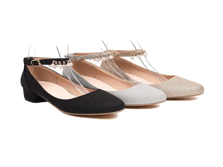 Women's Pumps Bling Bling Round Toe Pearls Ankle Strap Block Heel Shoes