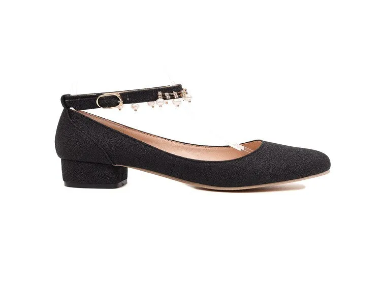 Women's Pumps Bling Bling Round Toe Pearls Ankle Strap Block Heel Shoes
