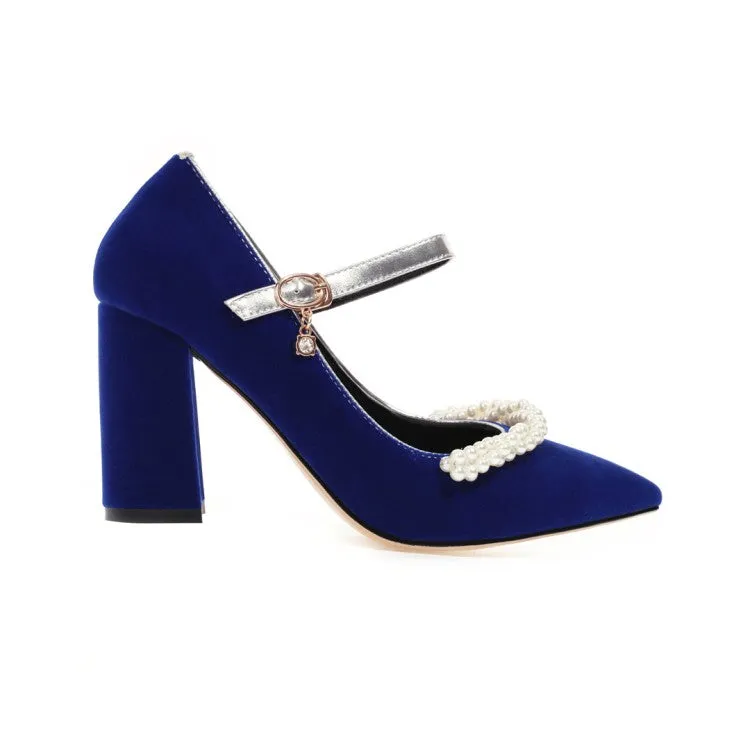Women's Pumps Pointed Toe Pearls Beading Ankle Strap Chunky Heel Wedding Shoes