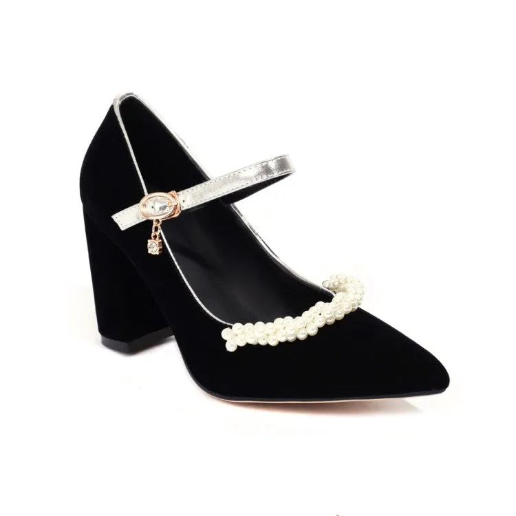 Women's Pumps Pointed Toe Pearls Beading Ankle Strap Chunky Heel Wedding Shoes