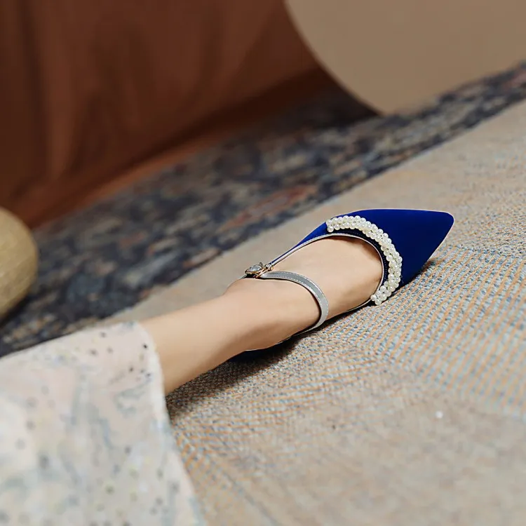 Women's Pumps Pointed Toe Pearls Beading Ankle Strap Chunky Heel Wedding Shoes