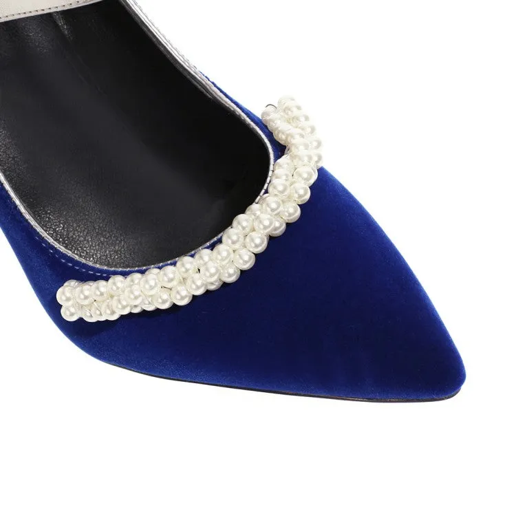 Women's Pumps Pointed Toe Pearls Beading Ankle Strap Chunky Heel Wedding Shoes