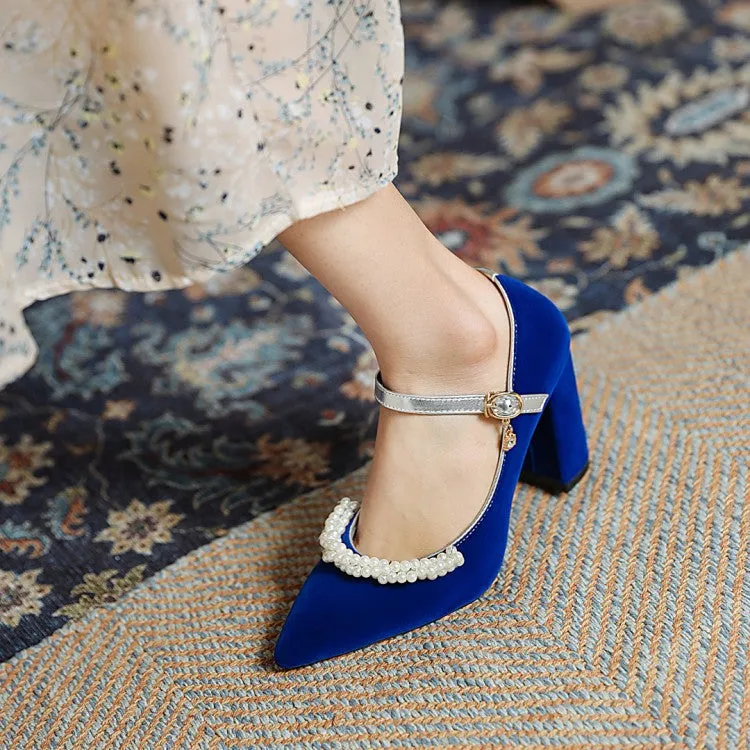 Women's Pumps Pointed Toe Pearls Beading Ankle Strap Chunky Heel Wedding Shoes